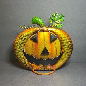 Orange Metal & Glass Halloween Jack O Lantern Pumpkin Tealight Candle Holder